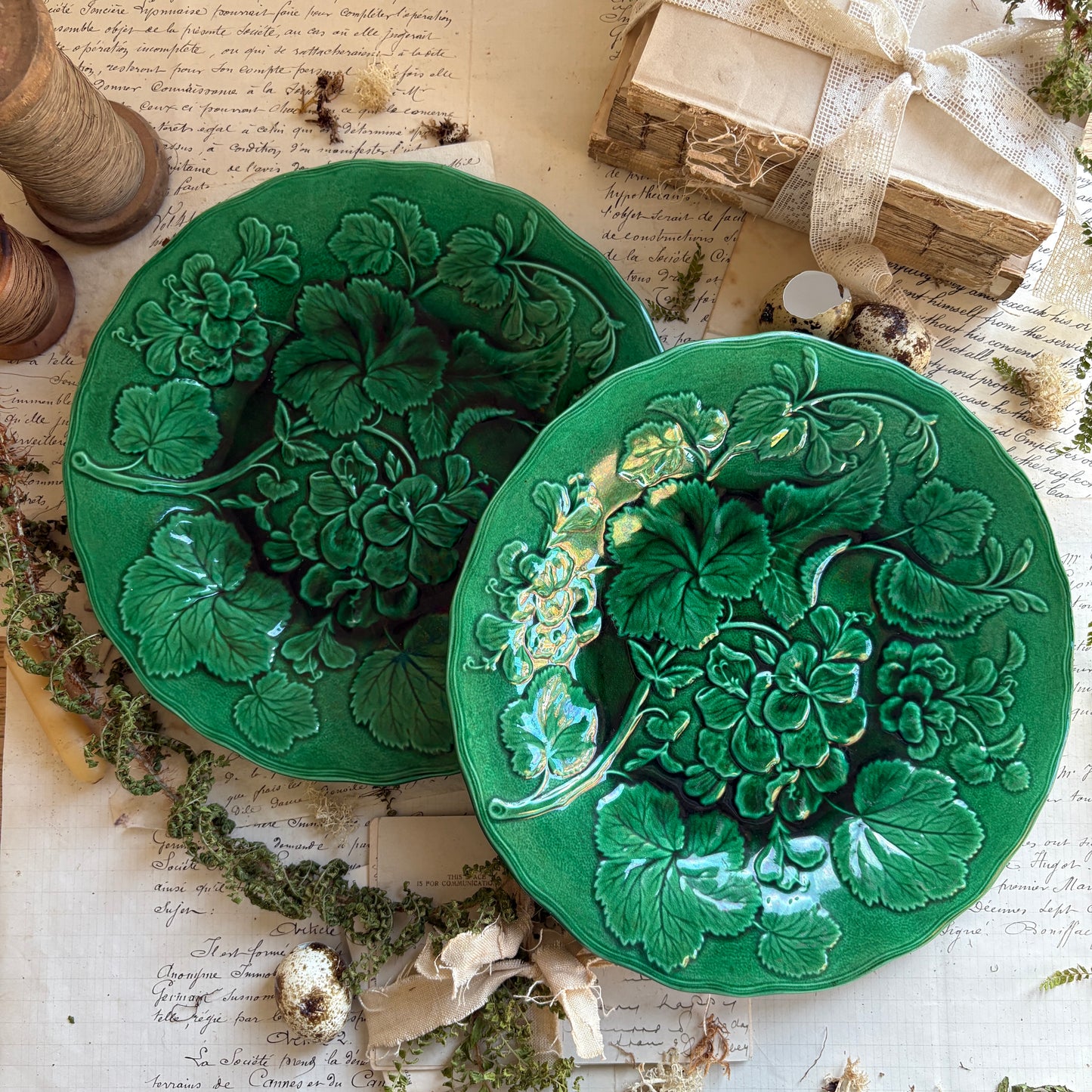 Antique Majolica Green Leaf & Geranium Plates