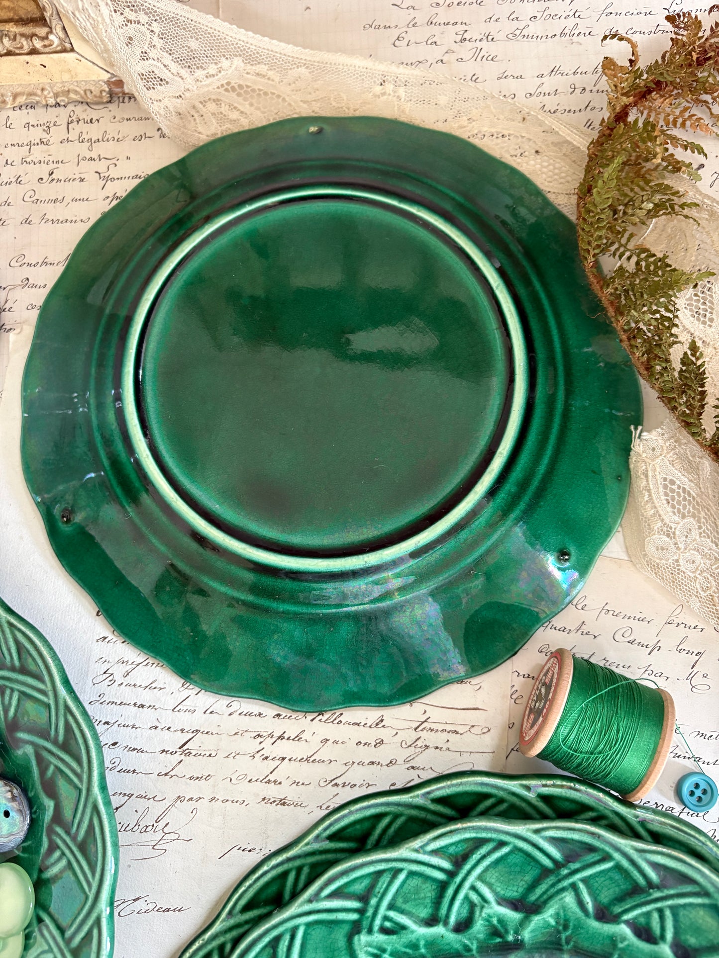 Antique Majolica Green Sunflower and Leaf Ware Plate