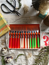 Load image into Gallery viewer, Vintage Boxed Set of Cocktail Forks – Red, White & Green