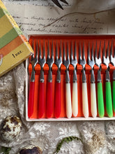 Load image into Gallery viewer, Vintage Boxed Set of Cocktail Forks – Red, White & Green