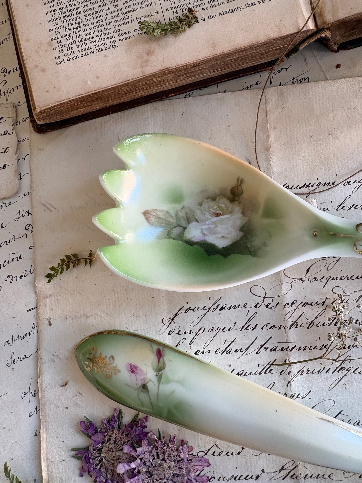 Porcelain Salad Servers with Rose Motif