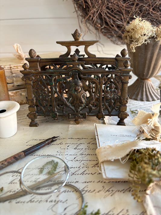 Antique French Rococo Cast Brass Letter Rack with Cherubs