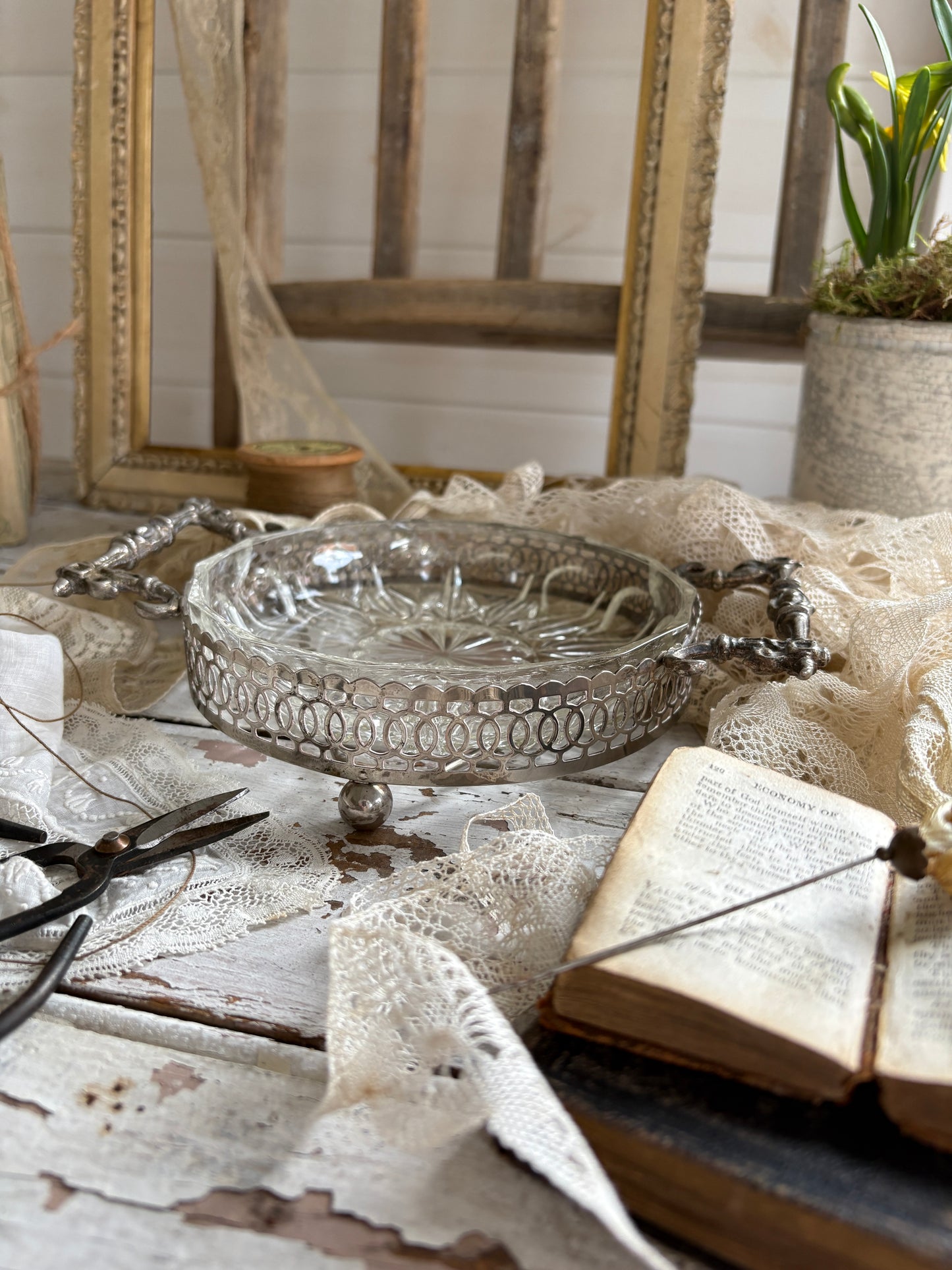 Vintage Cut Glass Relish Dish with Ornate Metal Handles