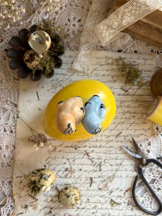Vintage Yellow Glazed Ceramic Egg Lidded Trinket Box