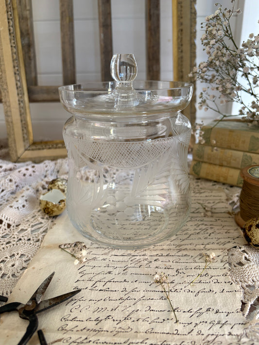 Vintage Etched Glass Lidded Biscuit Barrel