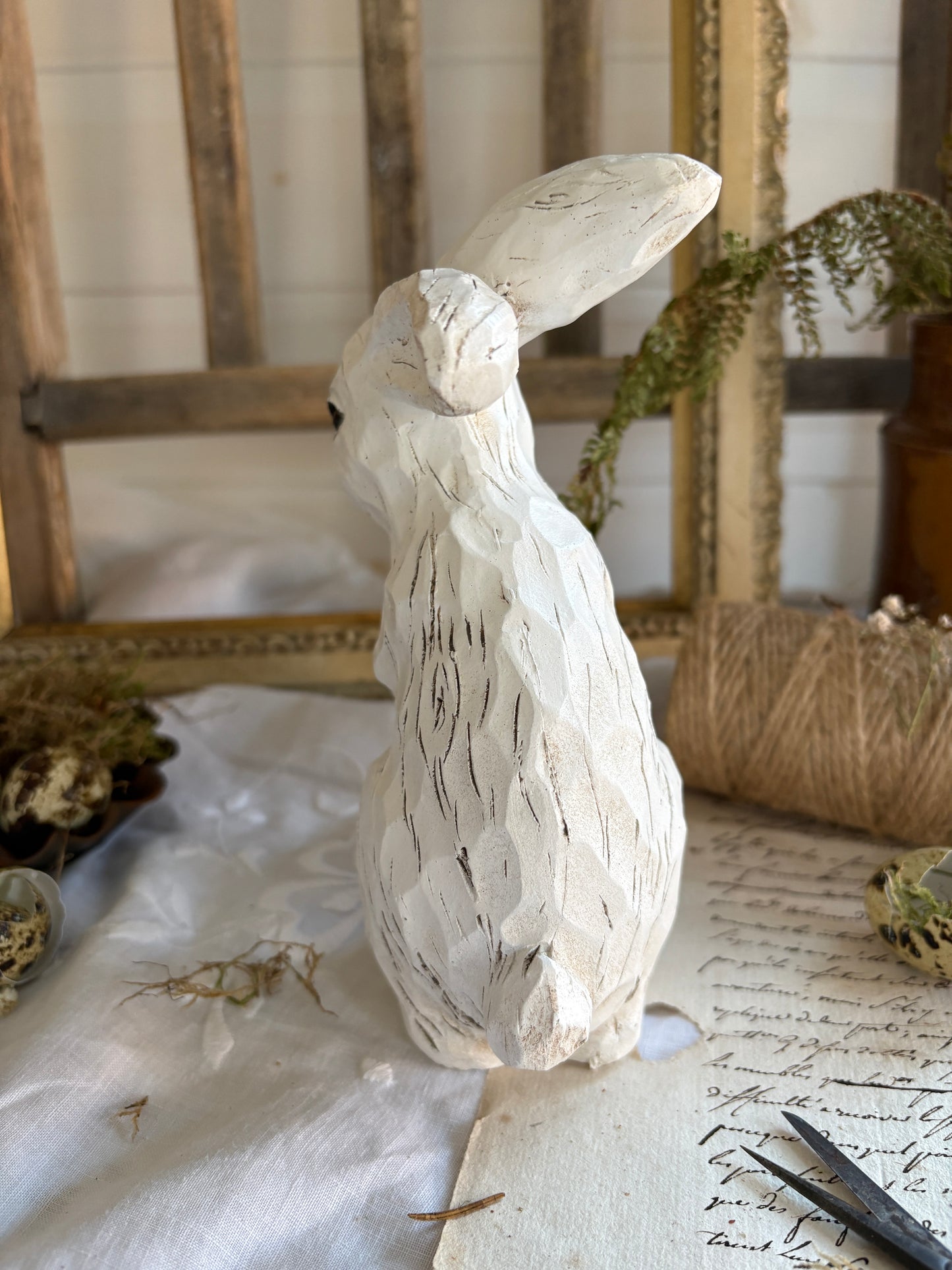 Pair of White Resin Rabbit Figurines