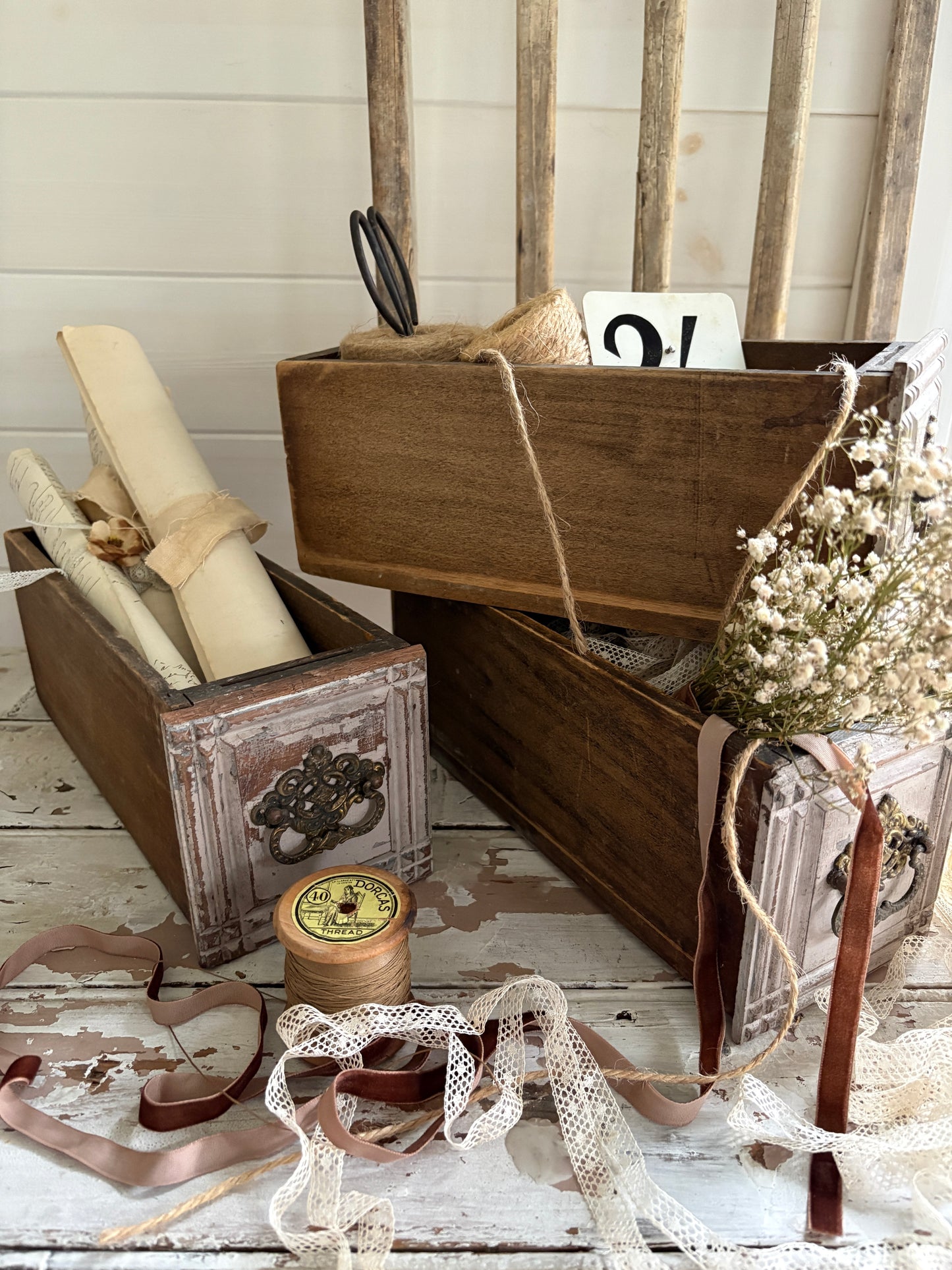 Vintage Wooden Drawer with Gold Filigree Handle