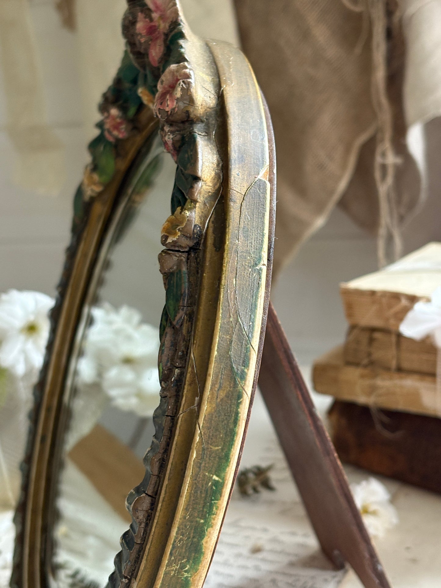 Antique Barbola Floral Mirror Hand-Painted Plaster Frame