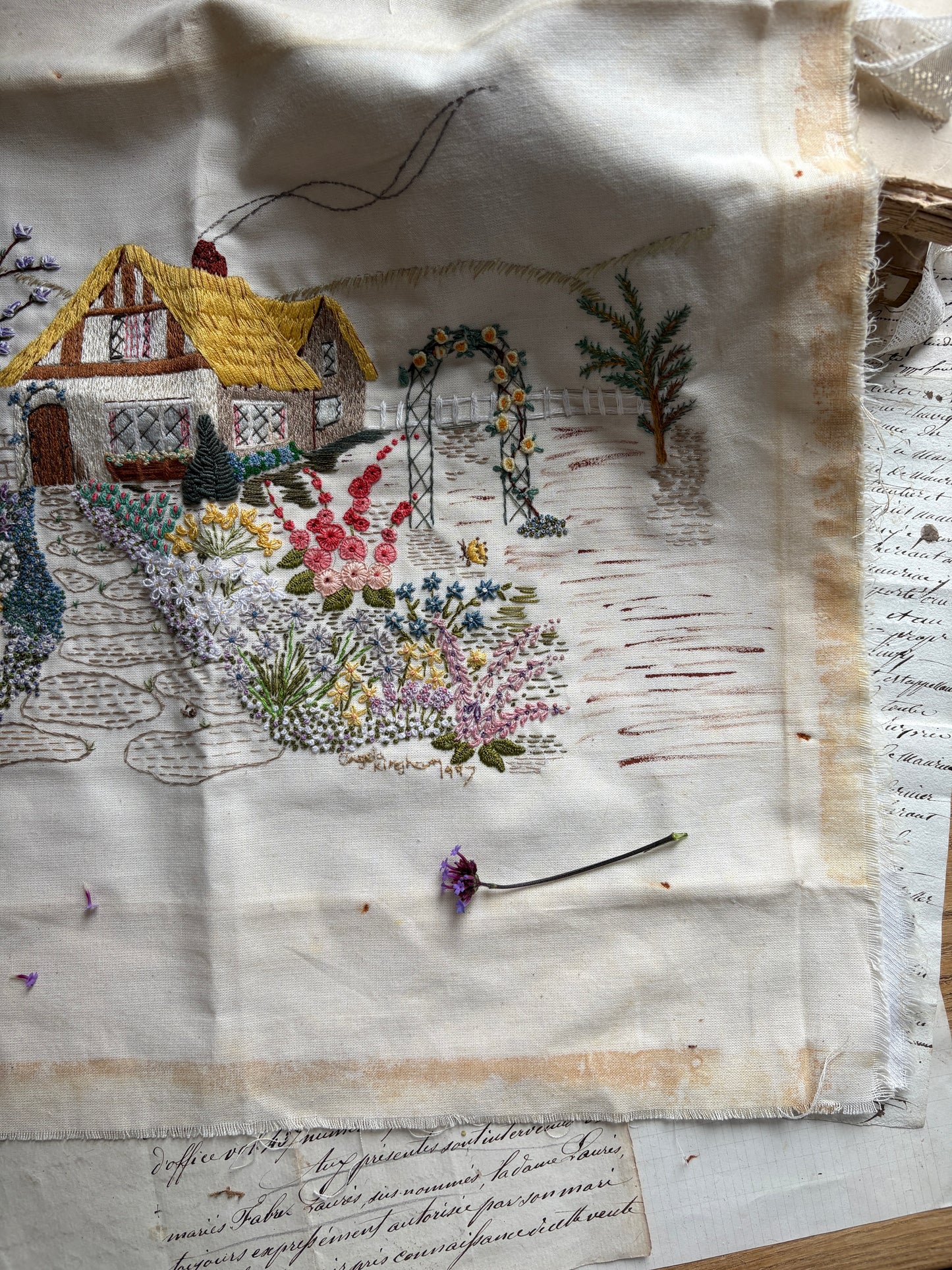 Handmade Cottage Embroidery on Cotton Charming Countryside Scene