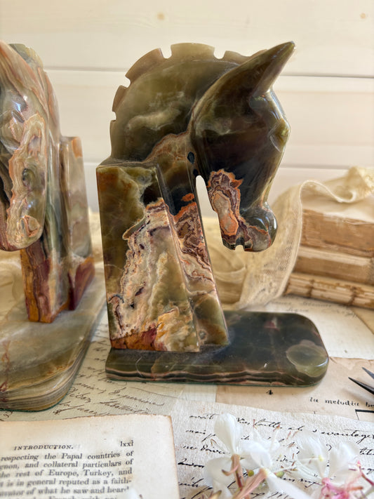 Vintage Carved Onyx Horse Head Bookends