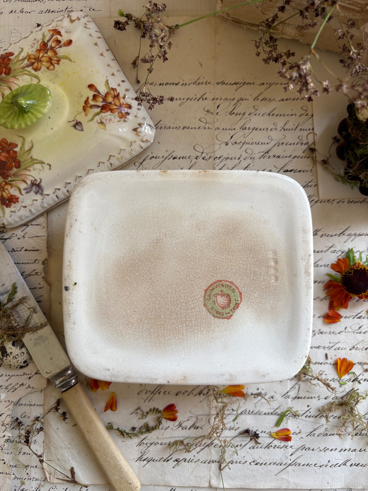 Vintage Floral Ceramic Butter Dish with Gilded Finial Lid