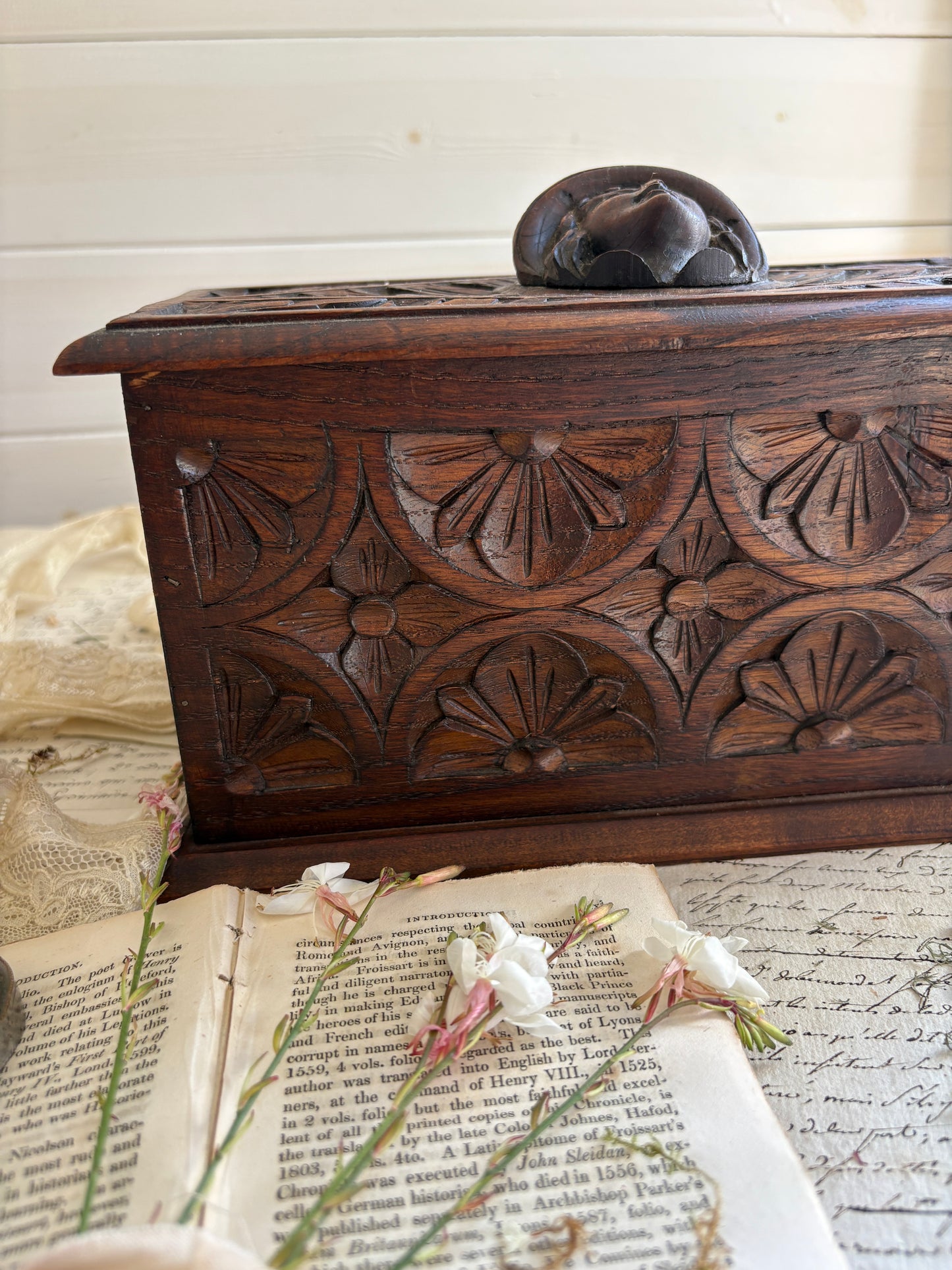 Antique French Carved Wooden Lidded Box with Figural Head