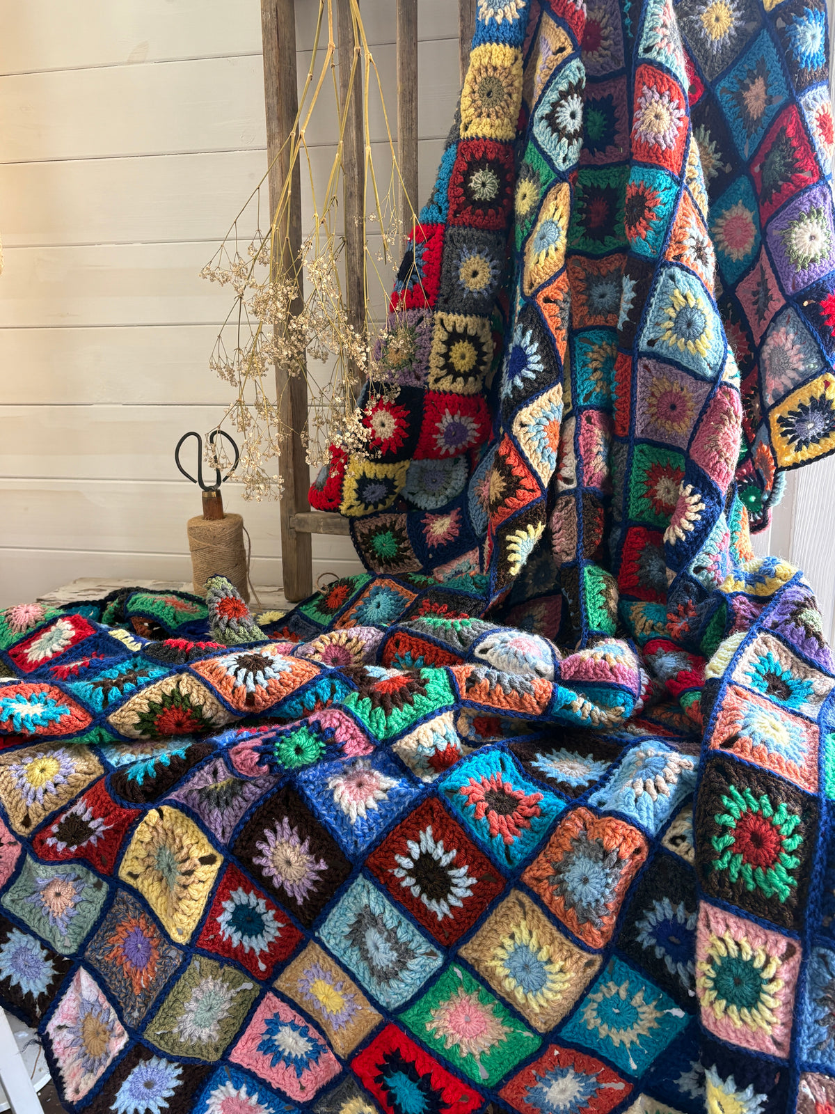 Colourful Hand Crocheted Granny Square Bedspread & Throw