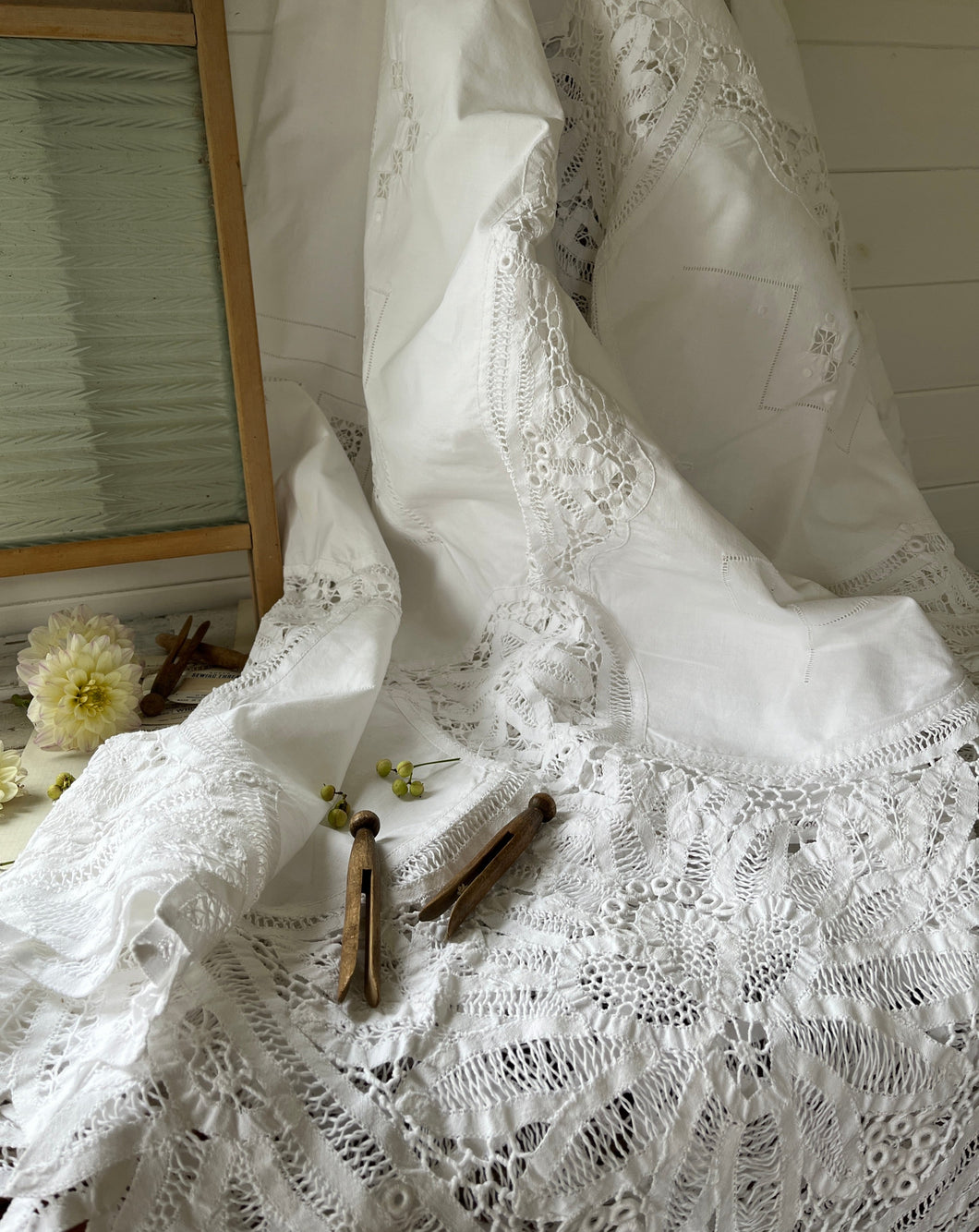 large vintage lace and linen tablecloth
