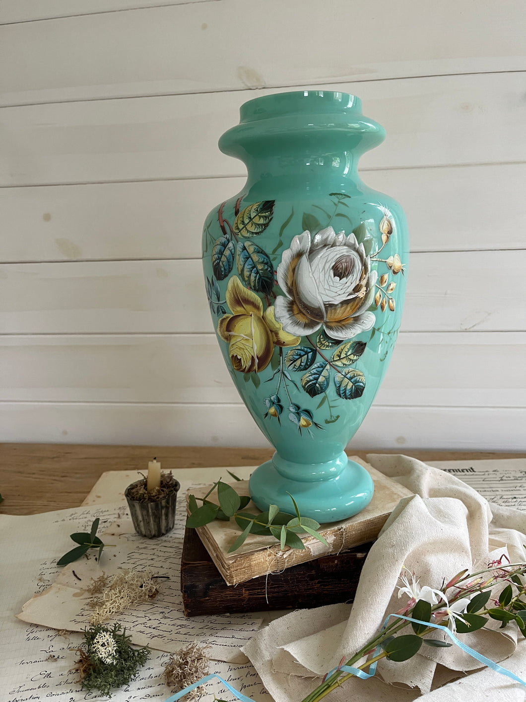 Large Bohemian Turquoise Opaline Vase