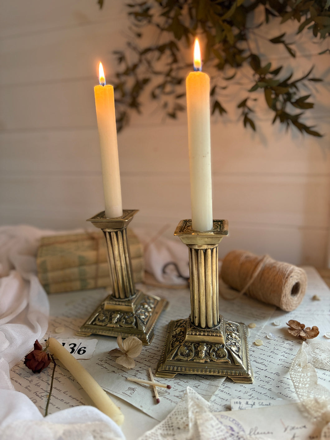 Pair Decorative Brass Column Candlesticks