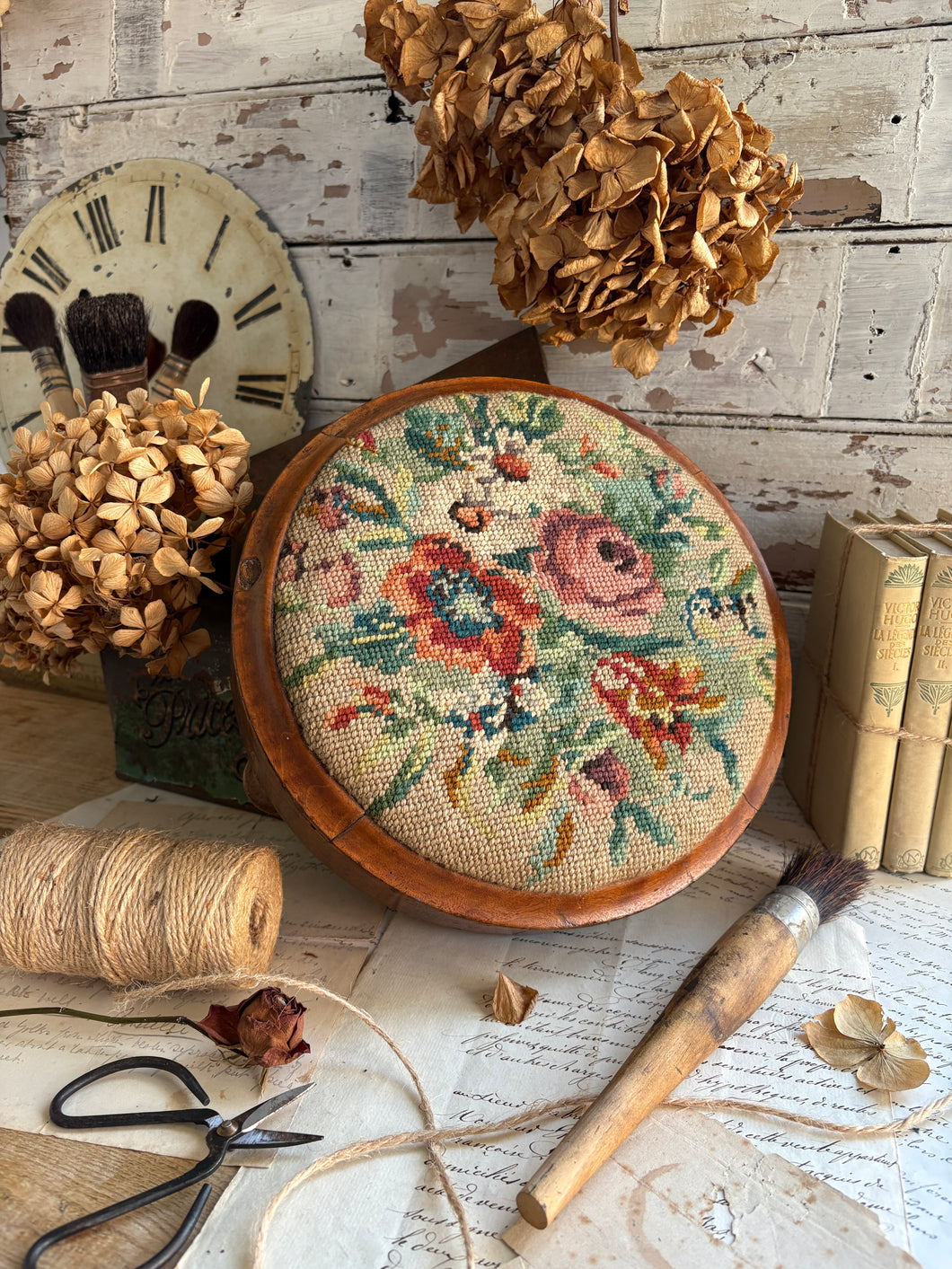 Antique Walnut Needlepoint Footstool