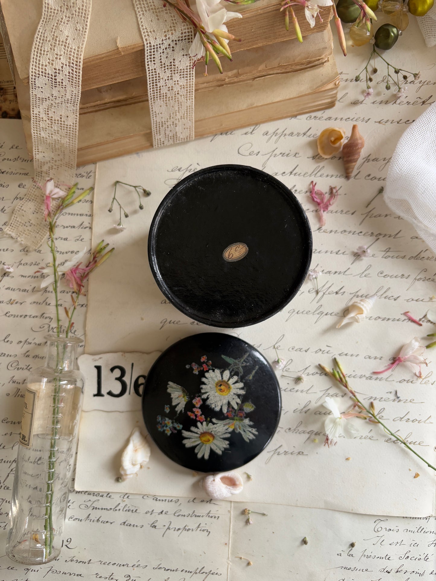 Vintage Black Papier-Mâché Round Pot with Lid