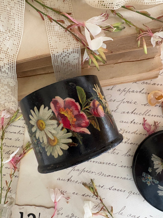 Vintage Black Papier-Mâché Round Pot with Lid