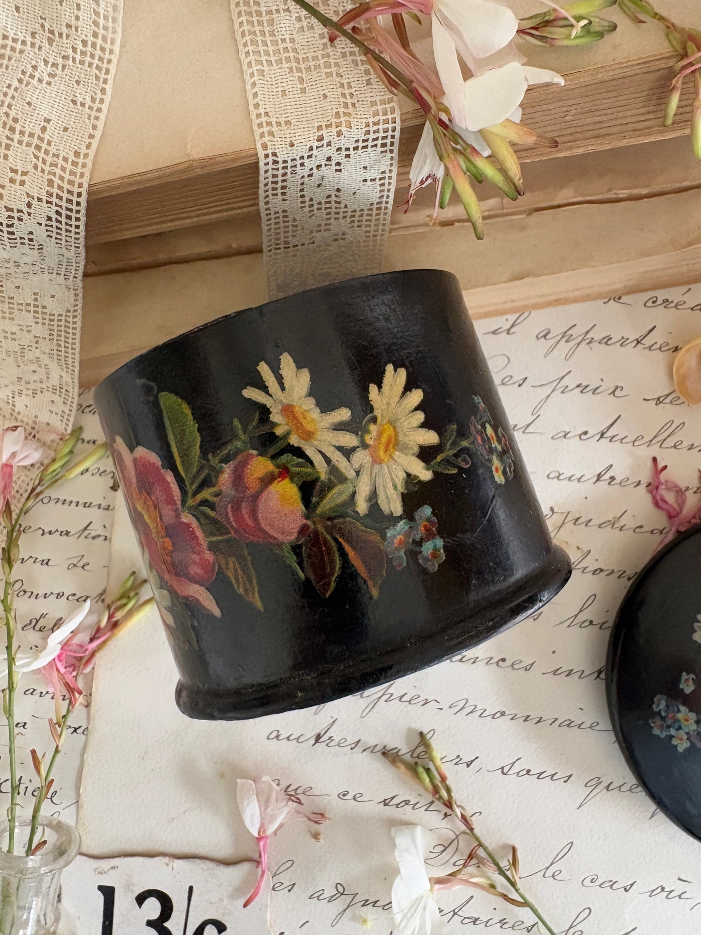 Vintage Black Papier-Mâché Round Pot with Lid