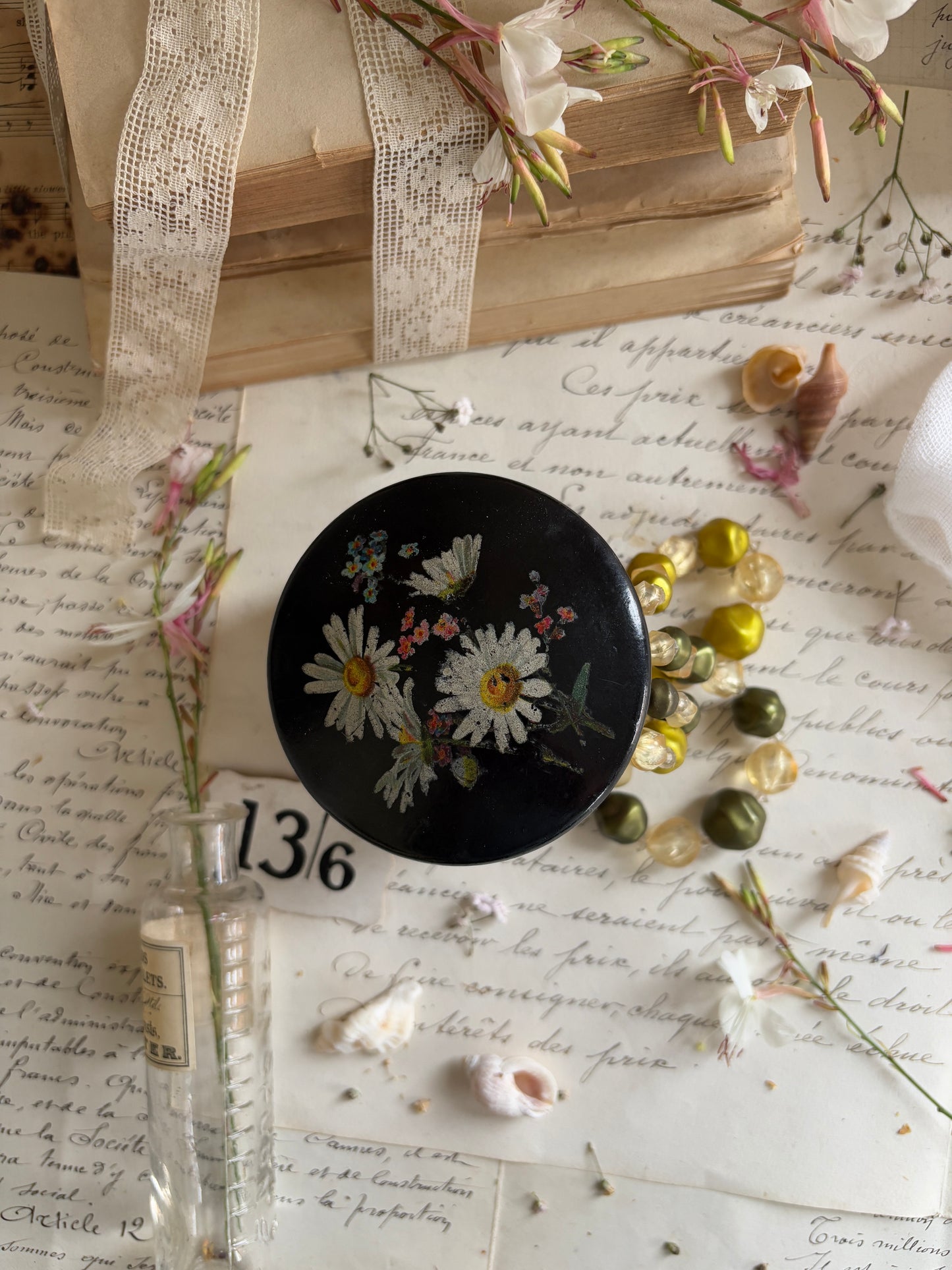 Vintage Black Papier-Mâché Round Pot with Lid