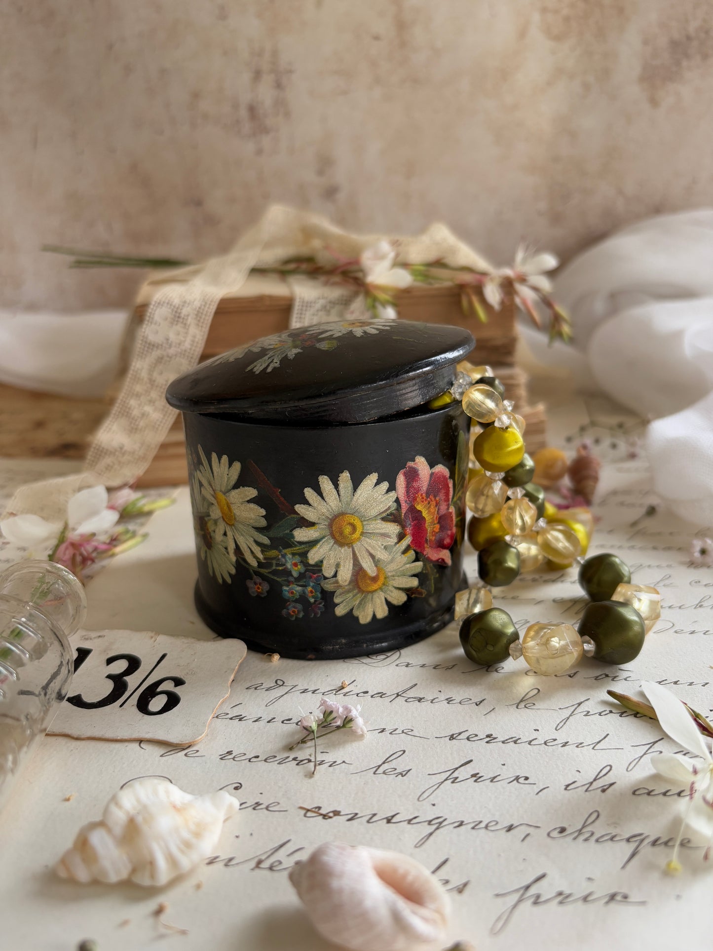Vintage Black Papier-Mâché Round Pot with Lid