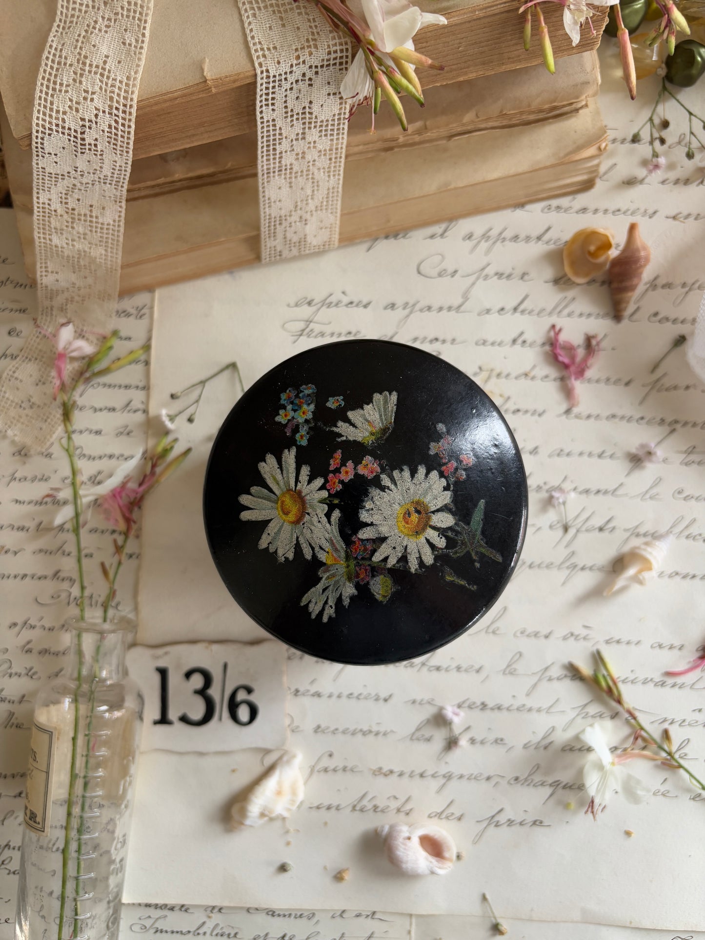 Vintage Black Papier-Mâché Round Pot with Lid