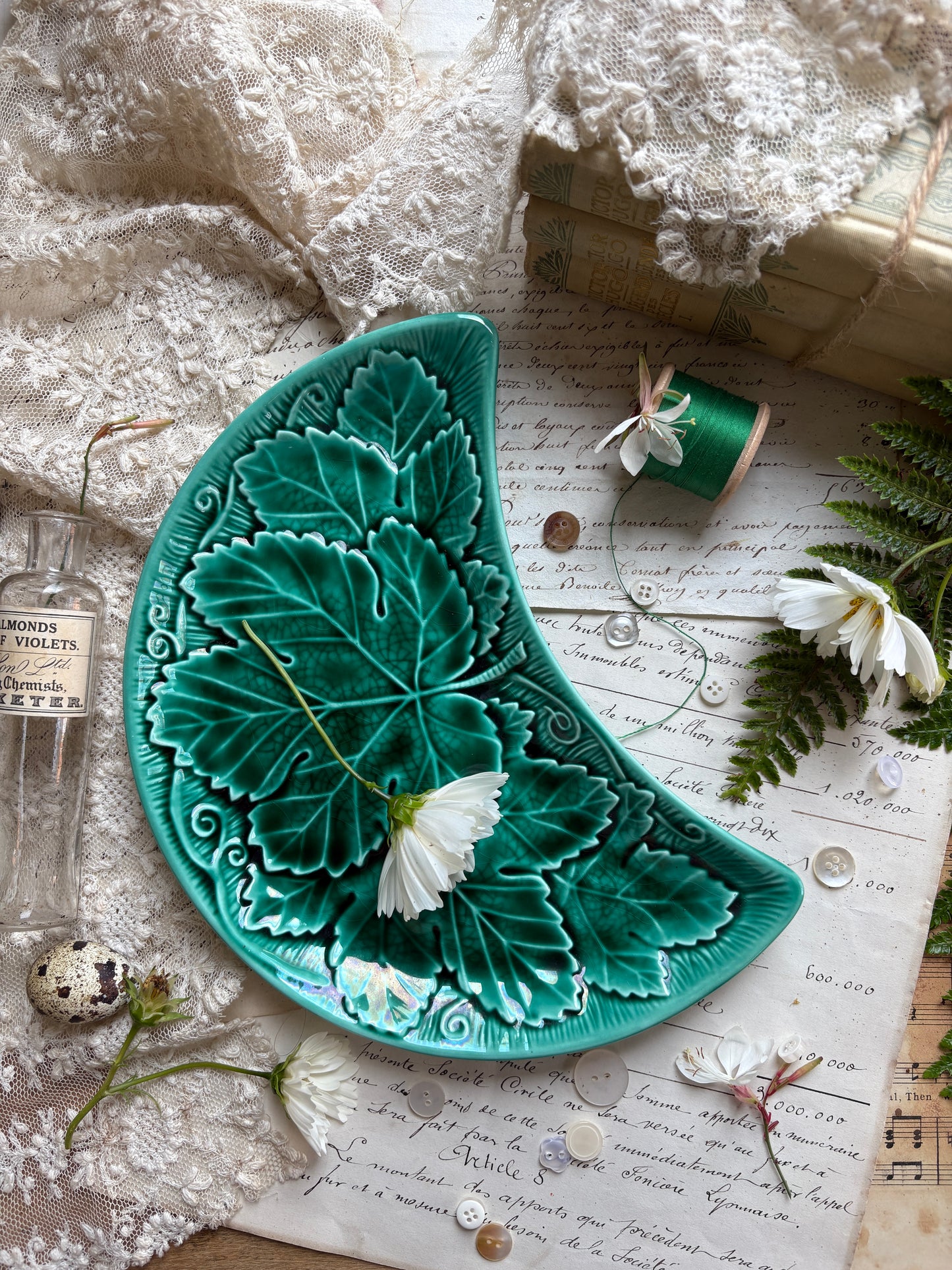 Green Crescent Majolica Dish