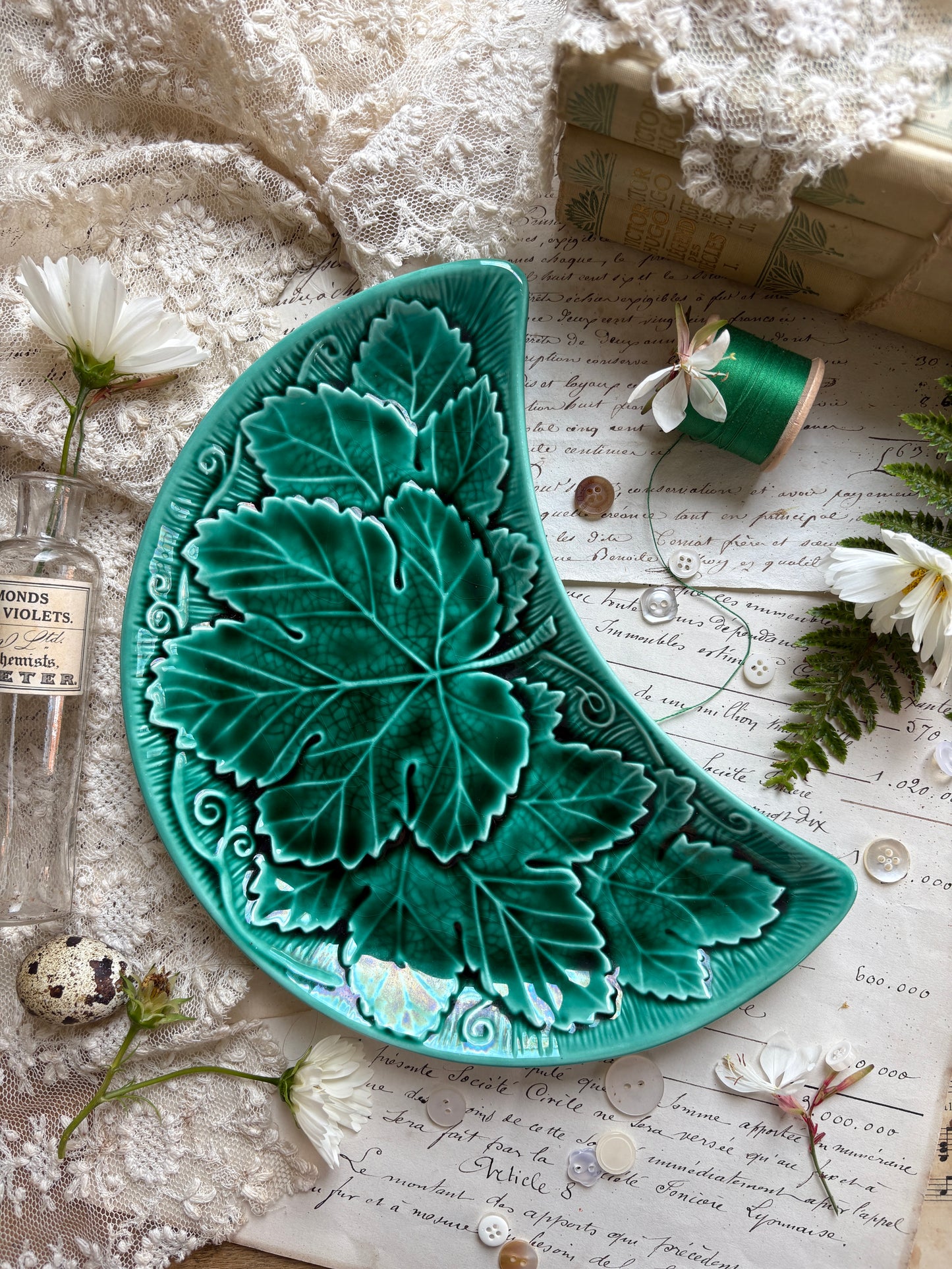 Green Crescent Majolica Dish