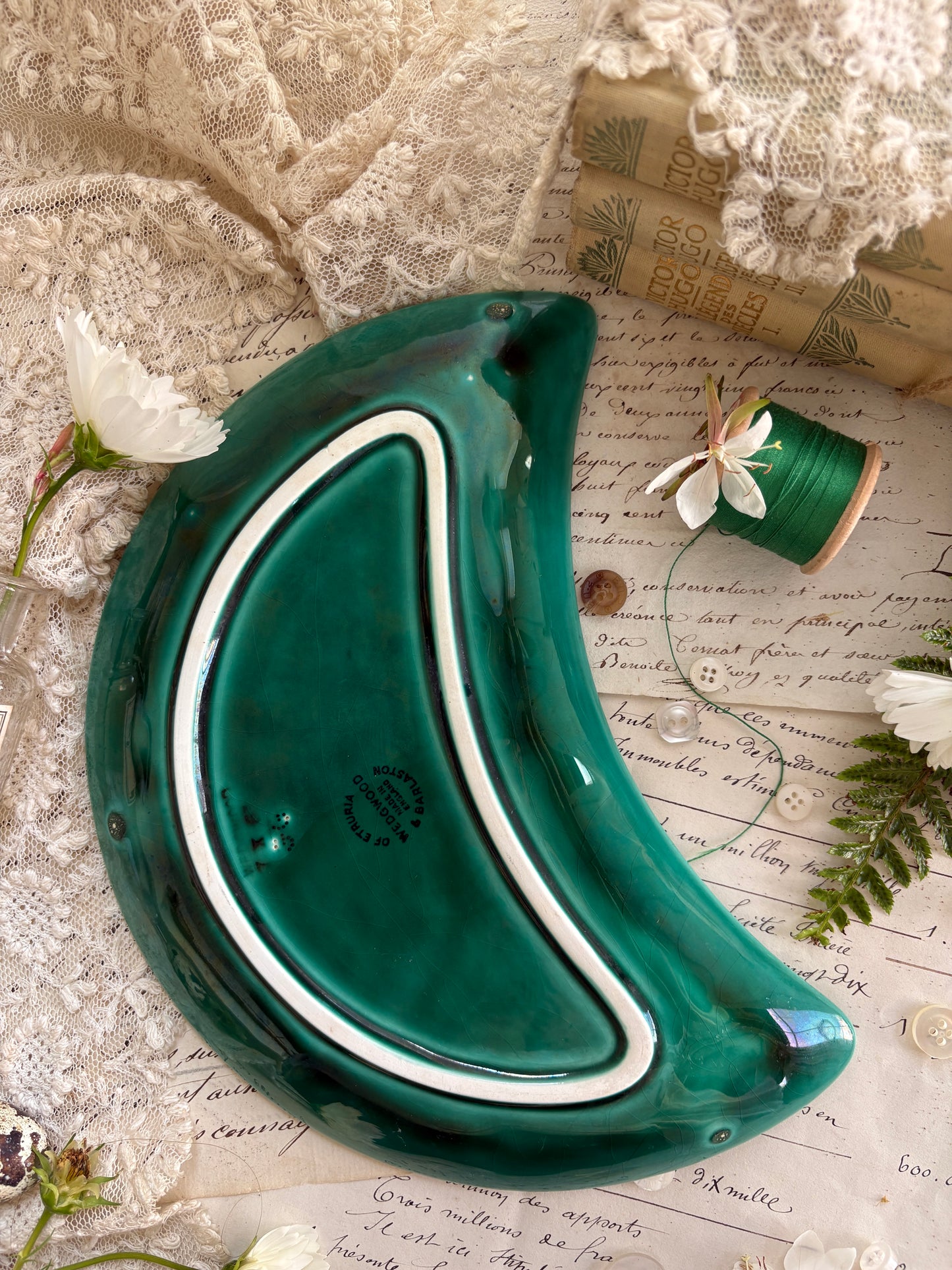Green Crescent Majolica Dish