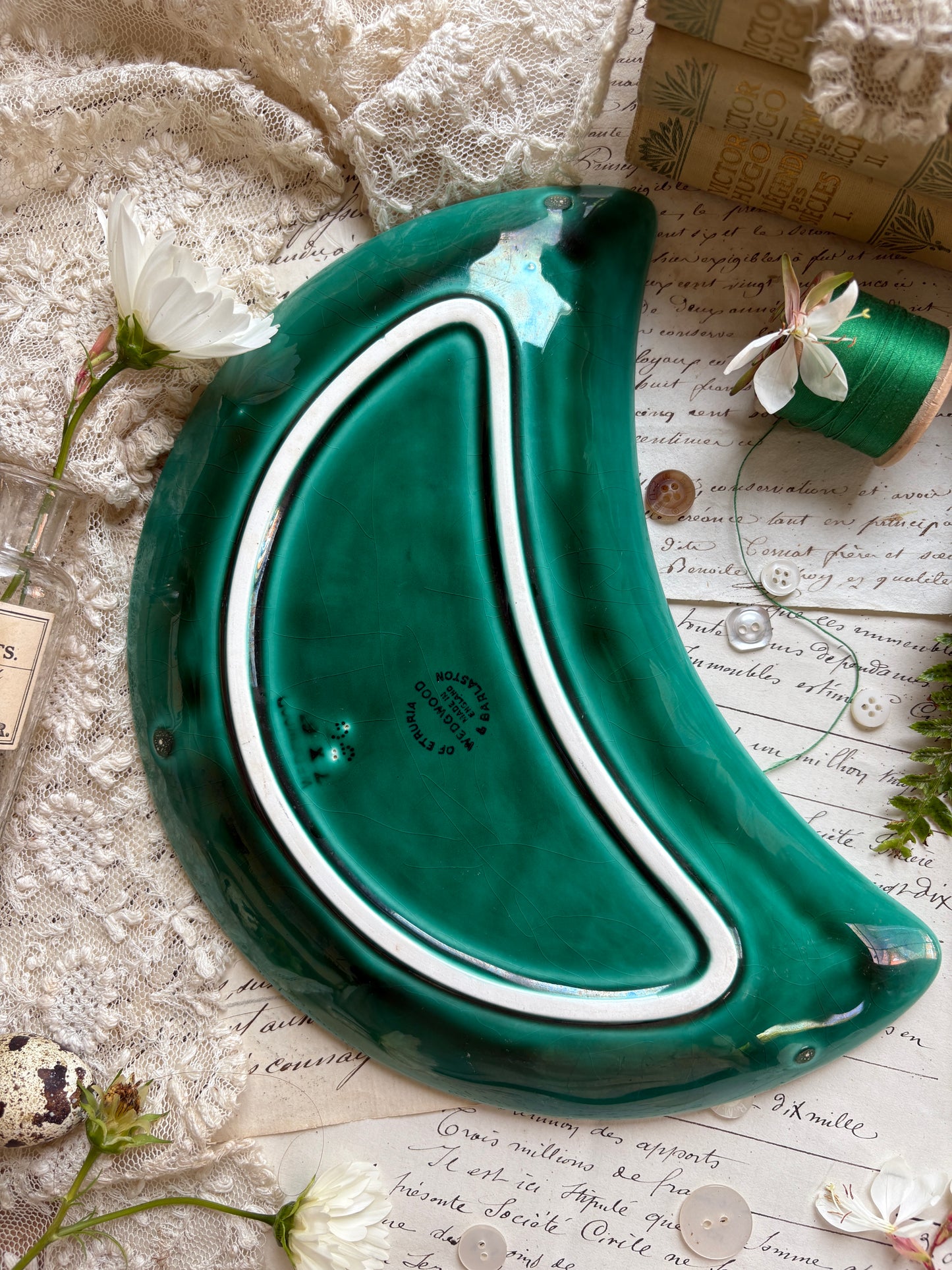Green Crescent Majolica Dish