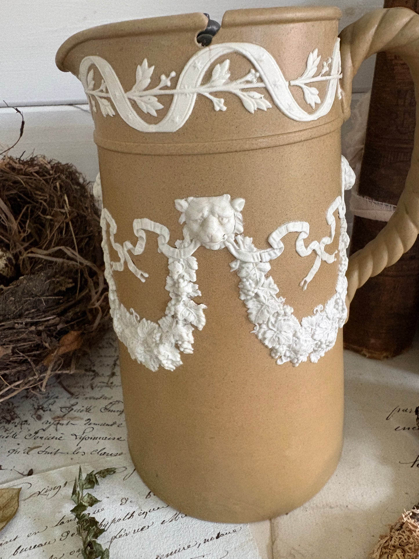 Antique James Dudson Lion & Garland Brown Jasperware Jug