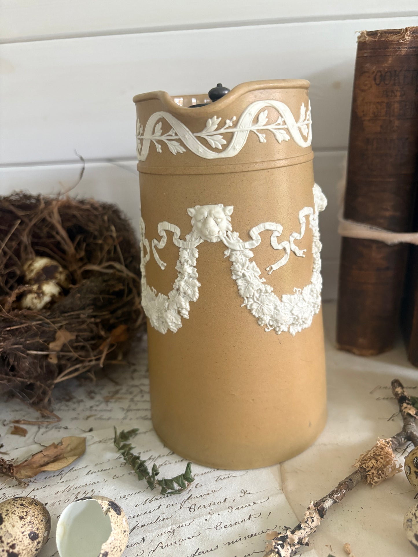 Antique James Dudson Lion & Garland Brown Jasperware Jug
