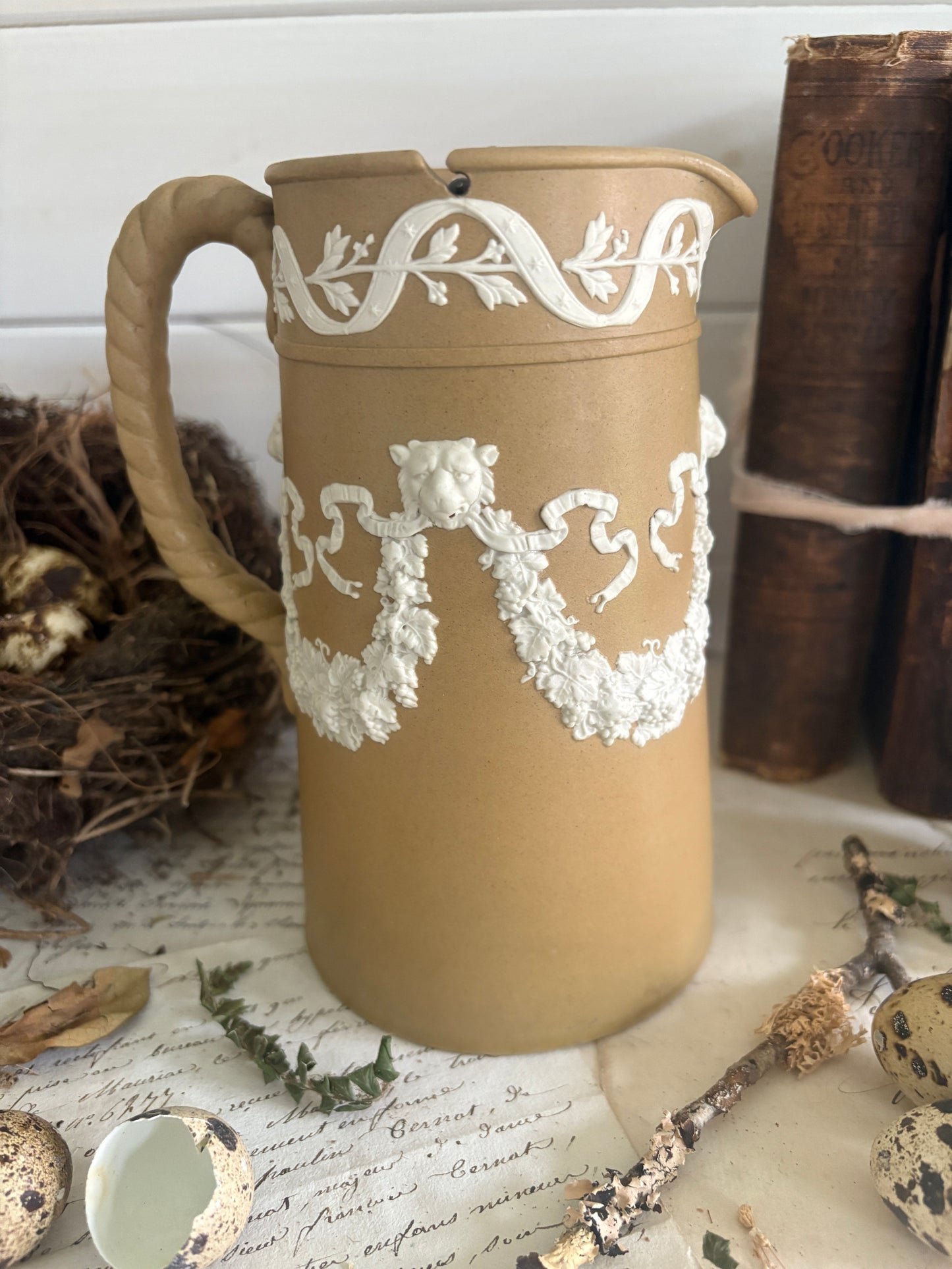 Antique James Dudson Lion & Garland Brown Jasperware Jug