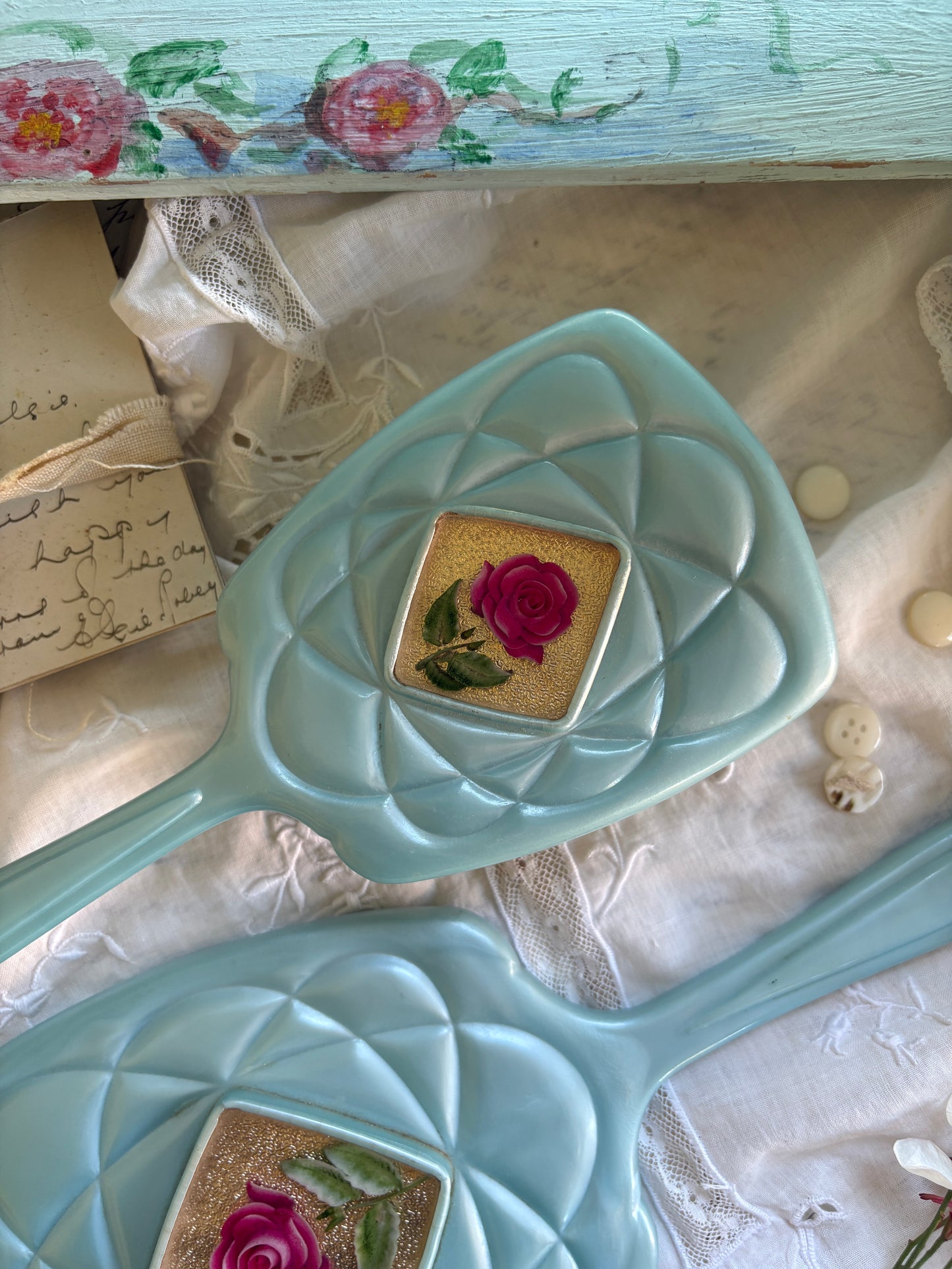 Vintage Turquoise Mirror and Brush Set with Rose Motif