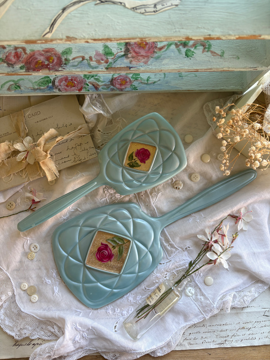 Vintage Turquoise Mirror and Brush Set with Rose Motif