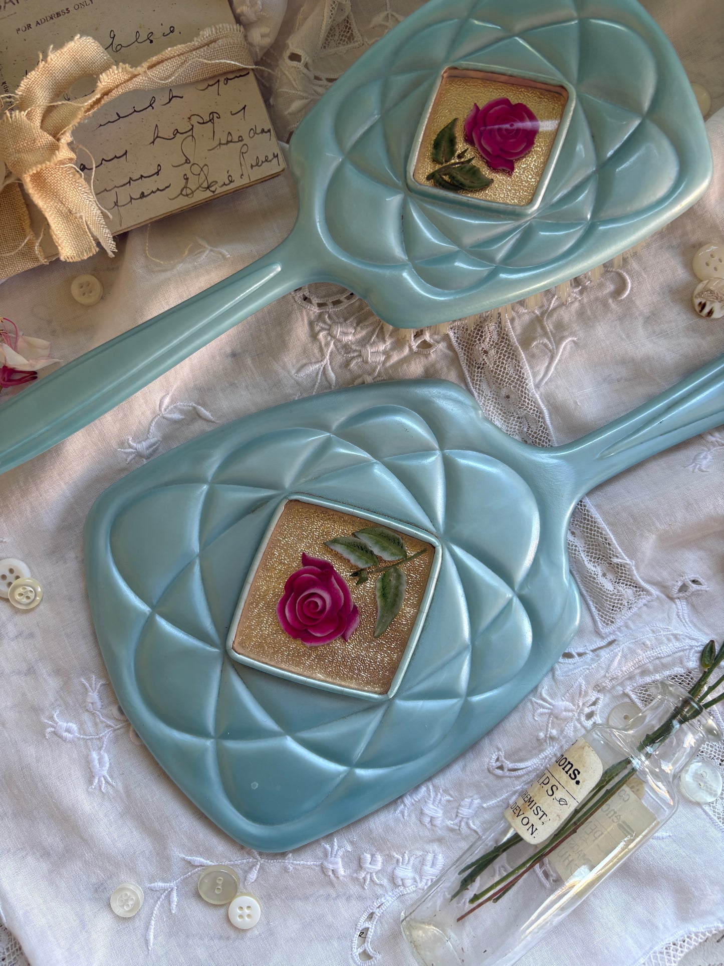 Vintage Turquoise Mirror and Brush Set with Rose Motif