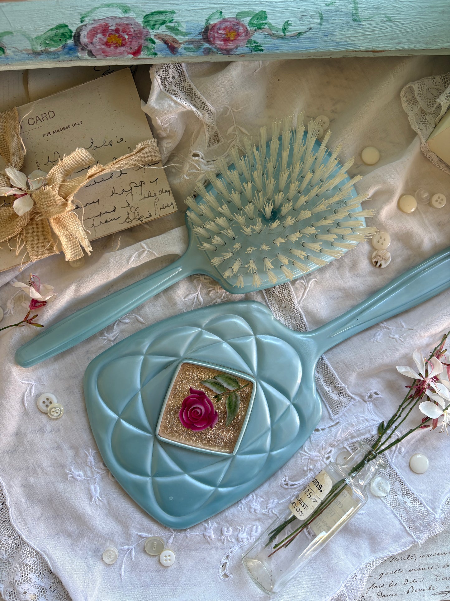 Vintage Turquoise Mirror and Brush Set with Rose Motif