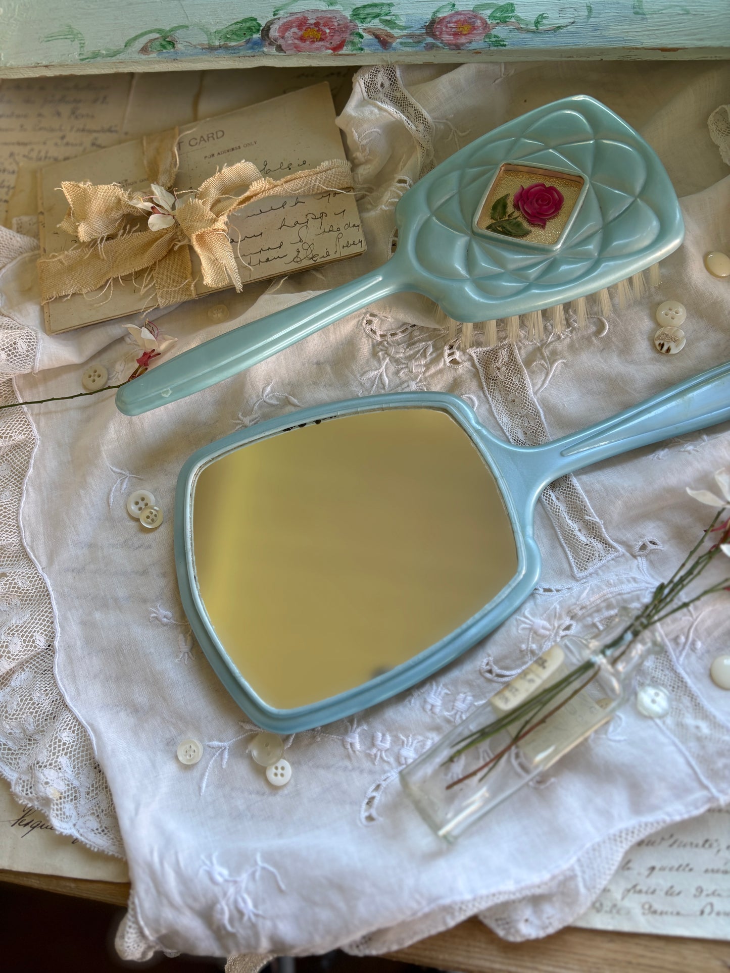 Vintage Turquoise Mirror and Brush Set with Rose Motif