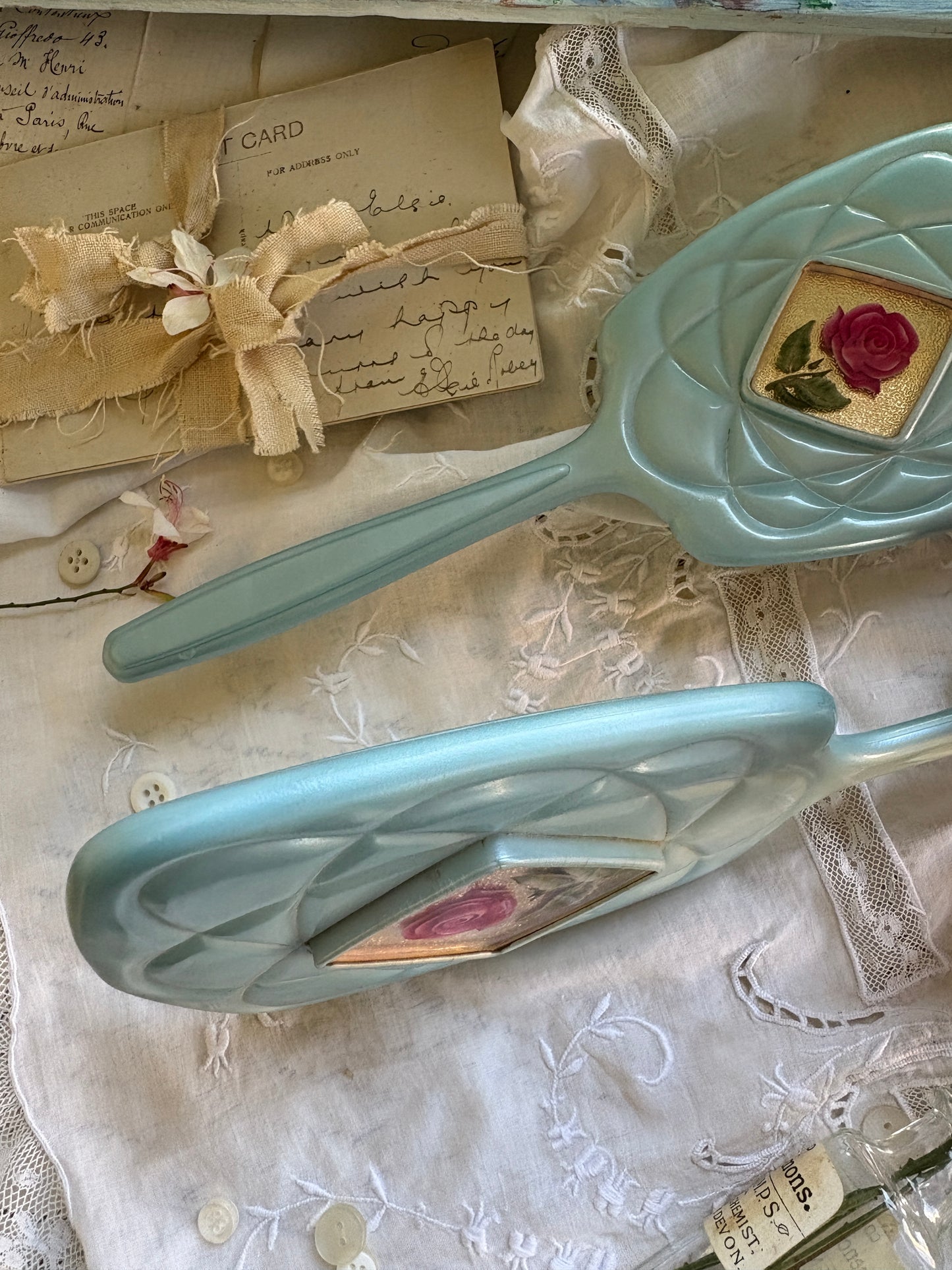 Vintage Turquoise Mirror and Brush Set with Rose Motif
