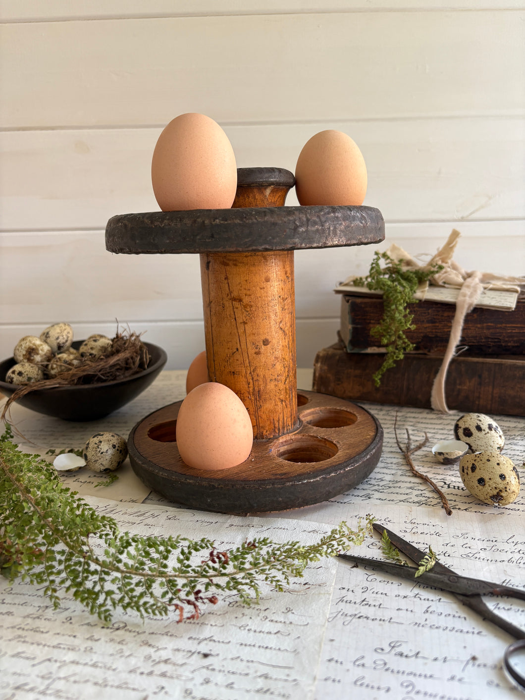 Antique Bobbin Spool Egg Holder with Egg Timer