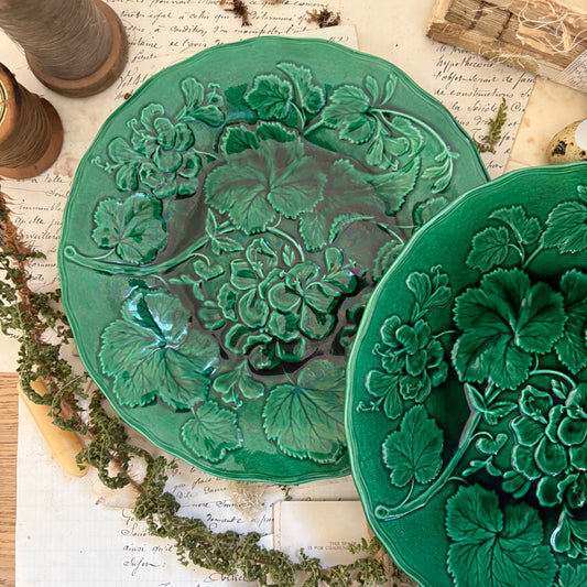 Antique Majolica Green Leaf & Geranium Plates