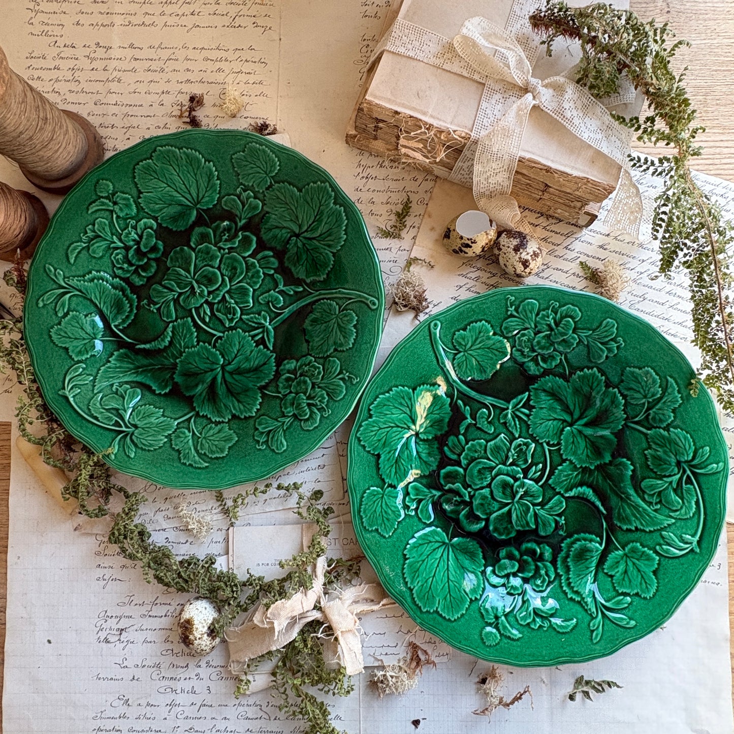Antique Majolica Green Leaf & Geranium Plates
