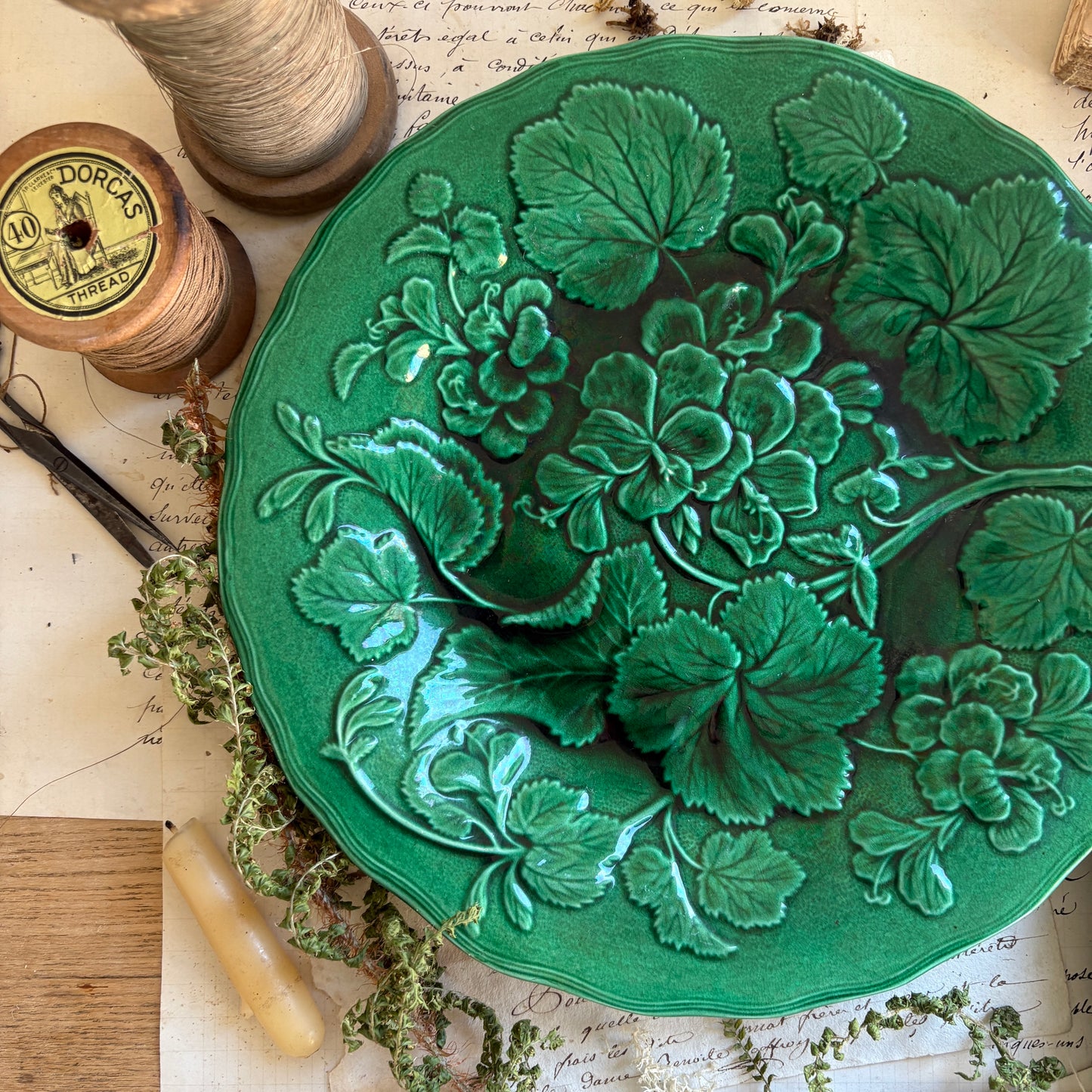Antique Majolica Green Leaf & Geranium Plates