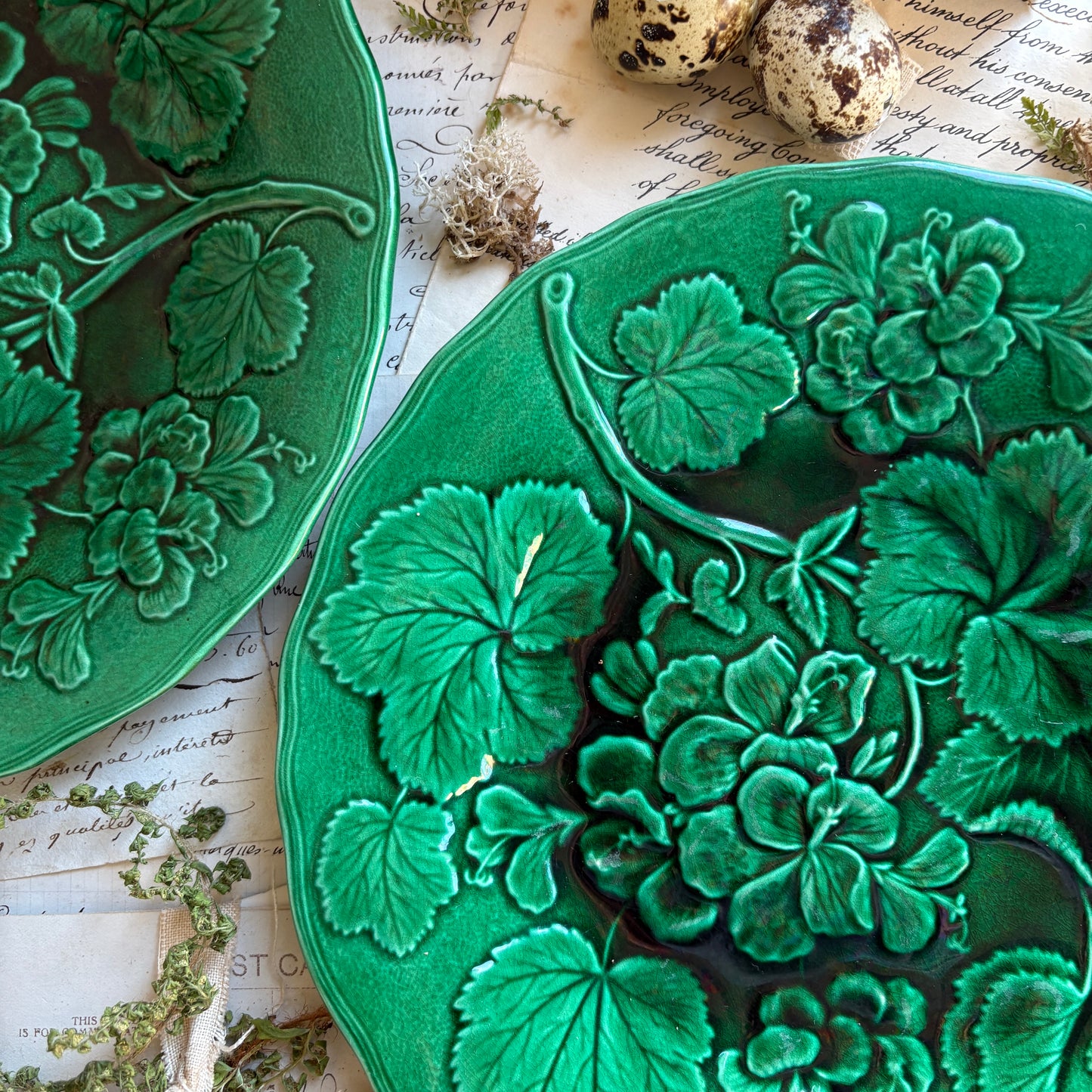 Antique Majolica Green Leaf & Geranium Plates