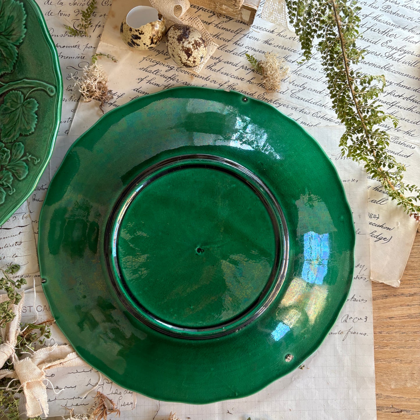 Antique Majolica Green Leaf & Geranium Plates