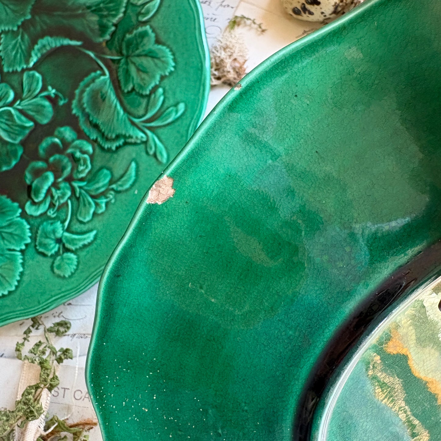 Antique Majolica Green Leaf & Geranium Plates