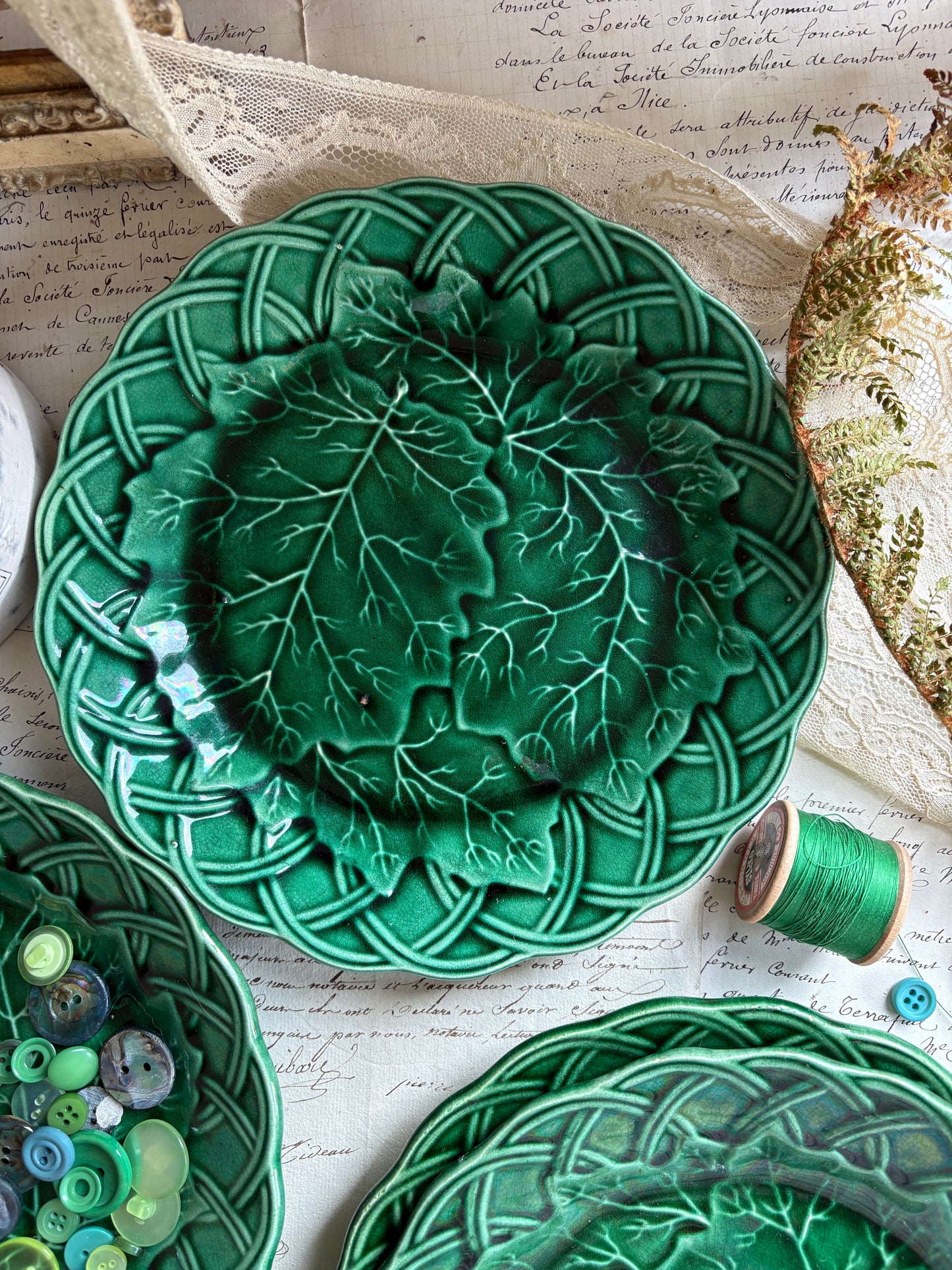 Antique Majolica Green Sunflower and Leaf Ware Plate