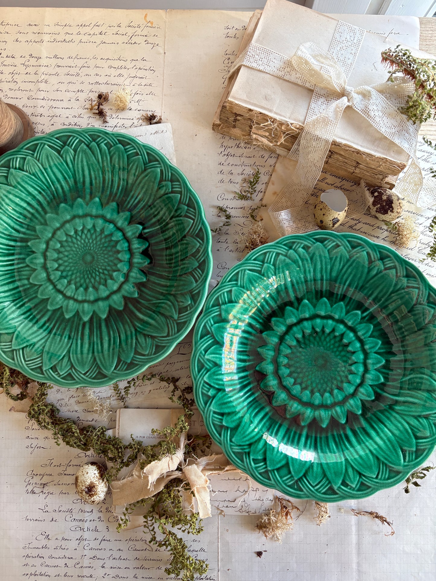 Antique Majolica Green Sunflower and Leaf Ware Plate