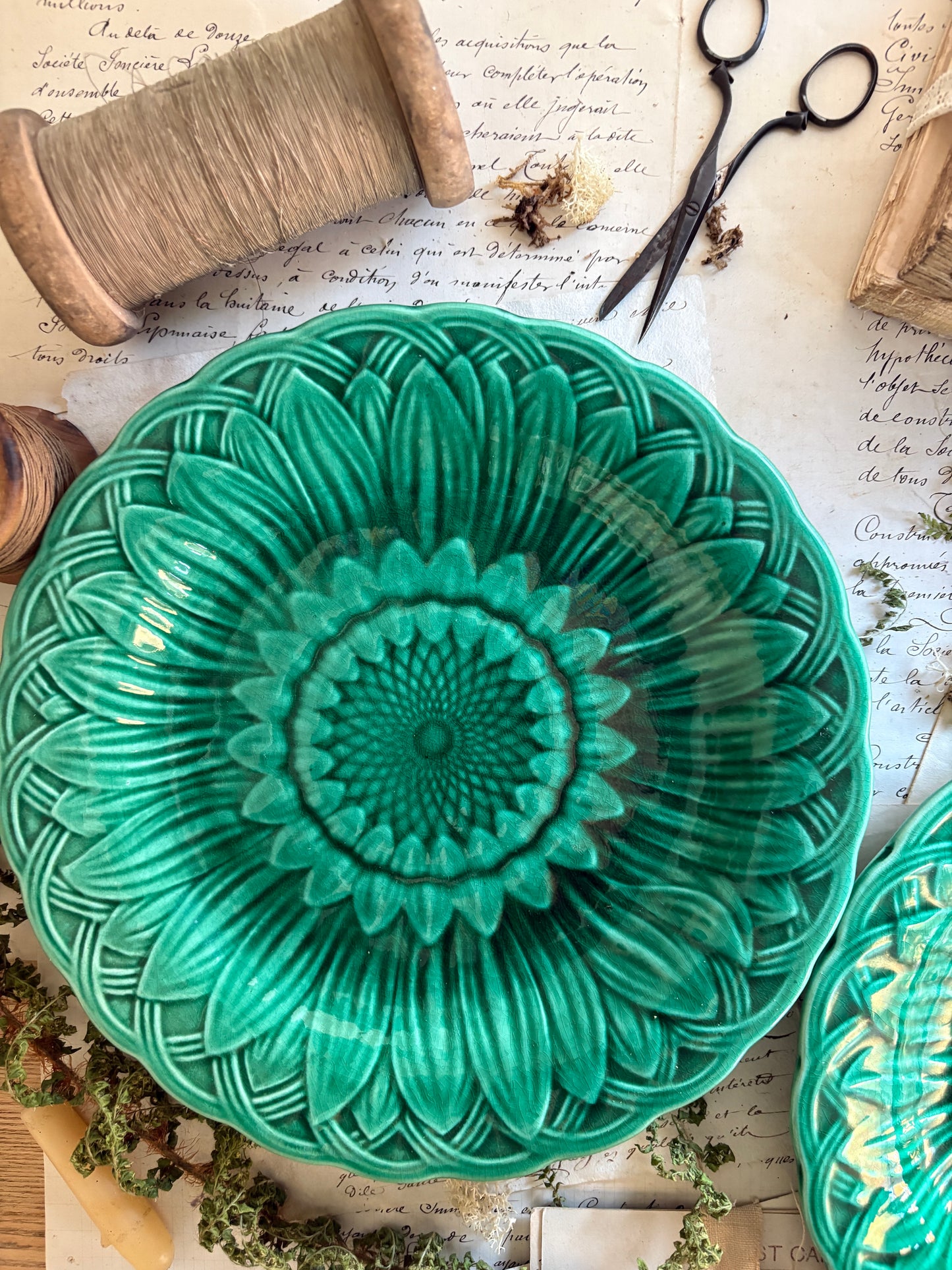 Antique Majolica Green Sunflower and Leaf Ware Plate